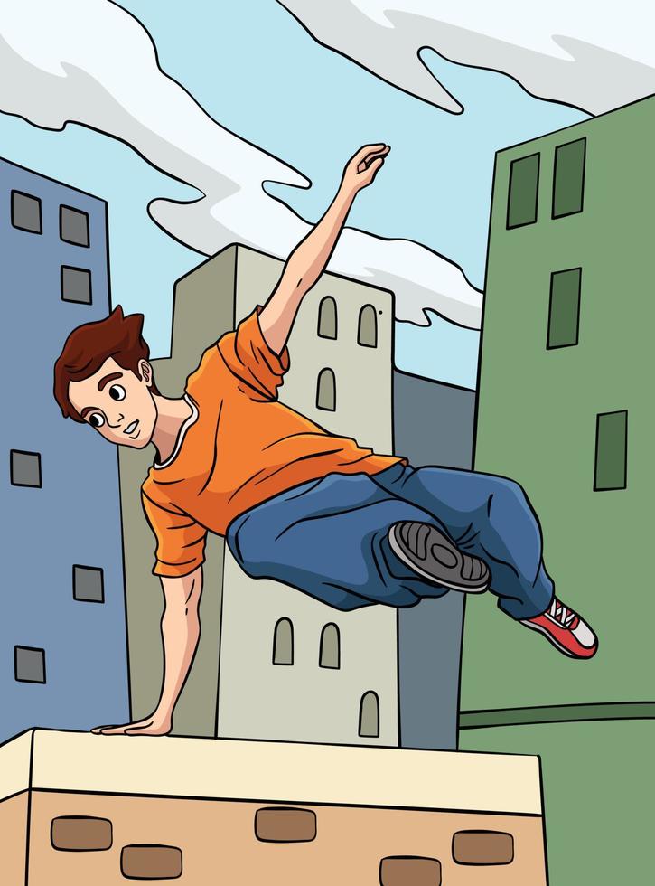 Parkour Sport Colored Cartoon Illustration vector