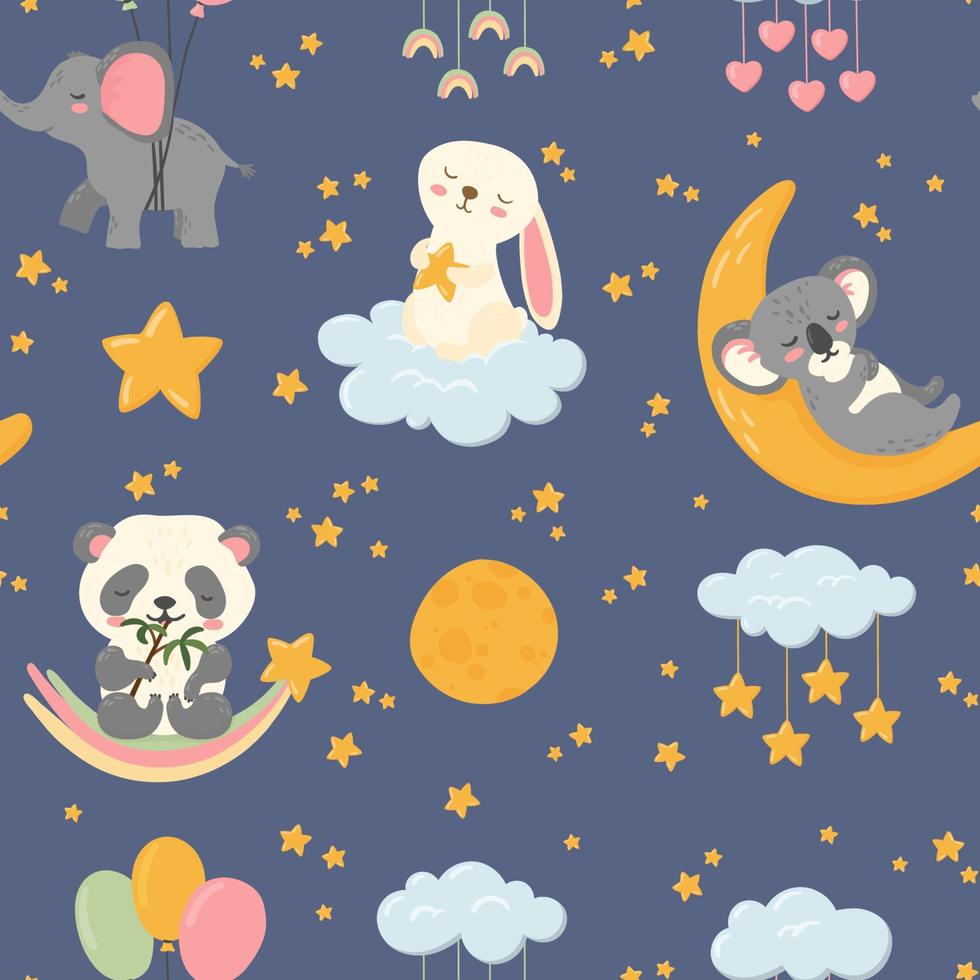 Cute sleeping animals good night vector seamless pattern. Celestial bodies, clouds, stars, moon, panda, elephant, bunny and koala. Nursery texture, card, children print, baby shower.