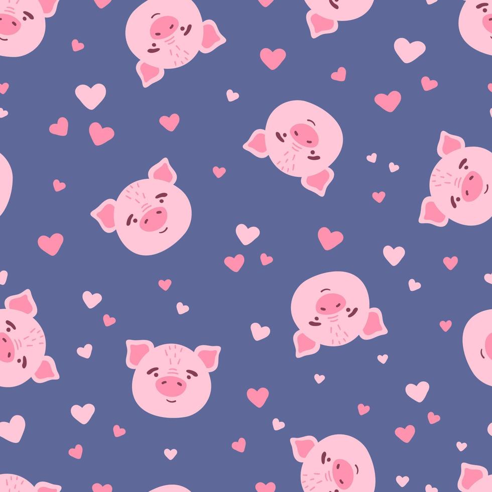 lindo kawaii rosa cerdo cara cabeza y corazones vector patrón sin costuras. textura de caricatura plana de animales de granja para vivero, tarjeta, afiche, tela, textil.