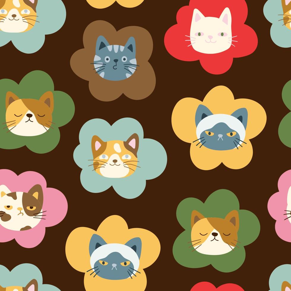 Cute colorful cats heads, kitten faces, vector seamless pattern. Funny kitty pet animal cartoon characters with emotions, texture for fabric, wallpaper, wrapping paper, textile, bedding, t-shirt print