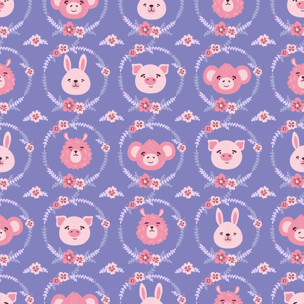 Cute kawaii pink pig, monkey, hare, lama face head and flower wreath vector seamless pattern. Farm animal flat cartoon texture for nursery, card, poster, fabric, textile.