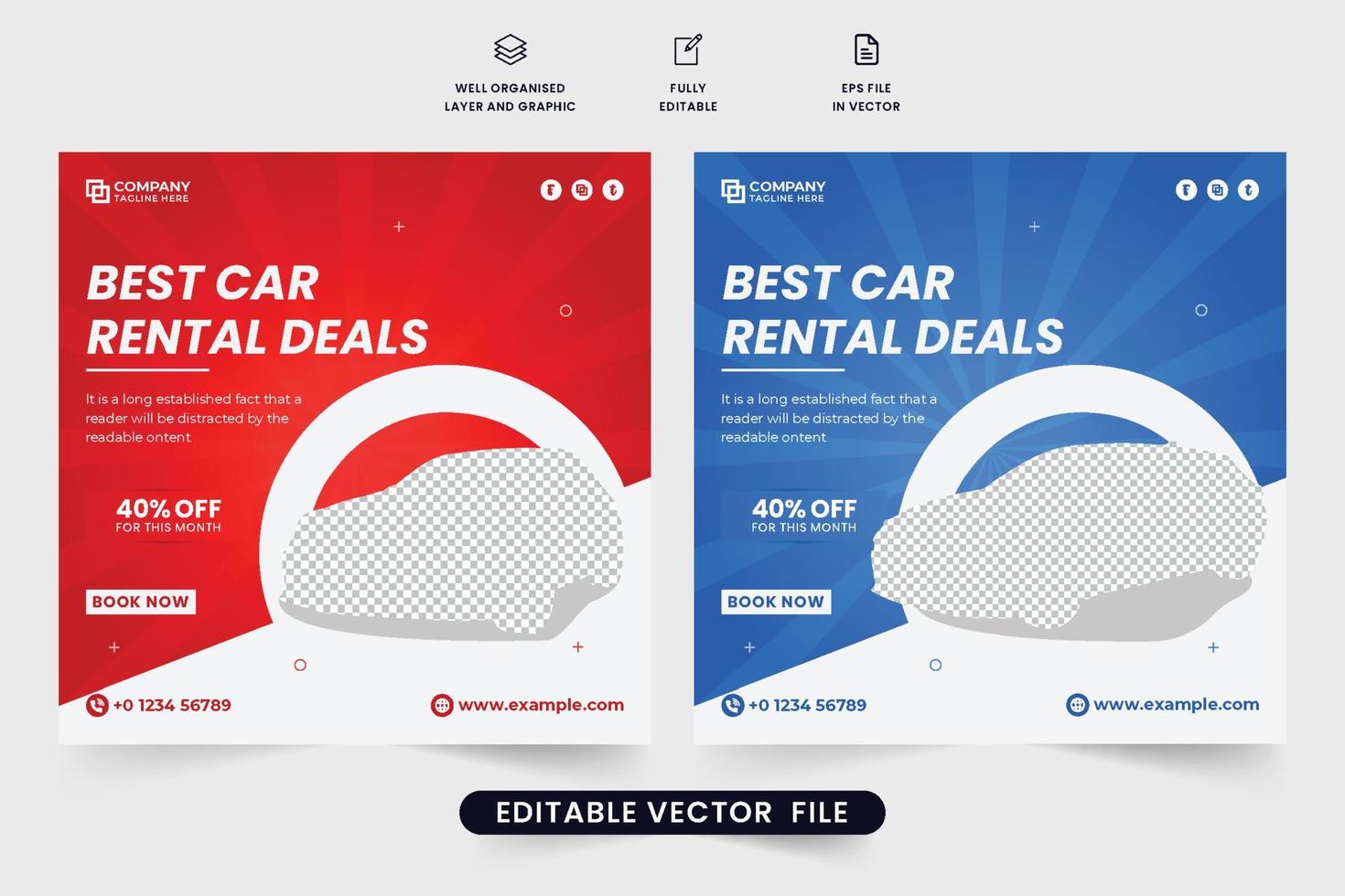 Car rental shop promotion social media post design with blue and red colors. Automobile business advertisement template with creative shapes. Car rental service web banner vector for marketing.