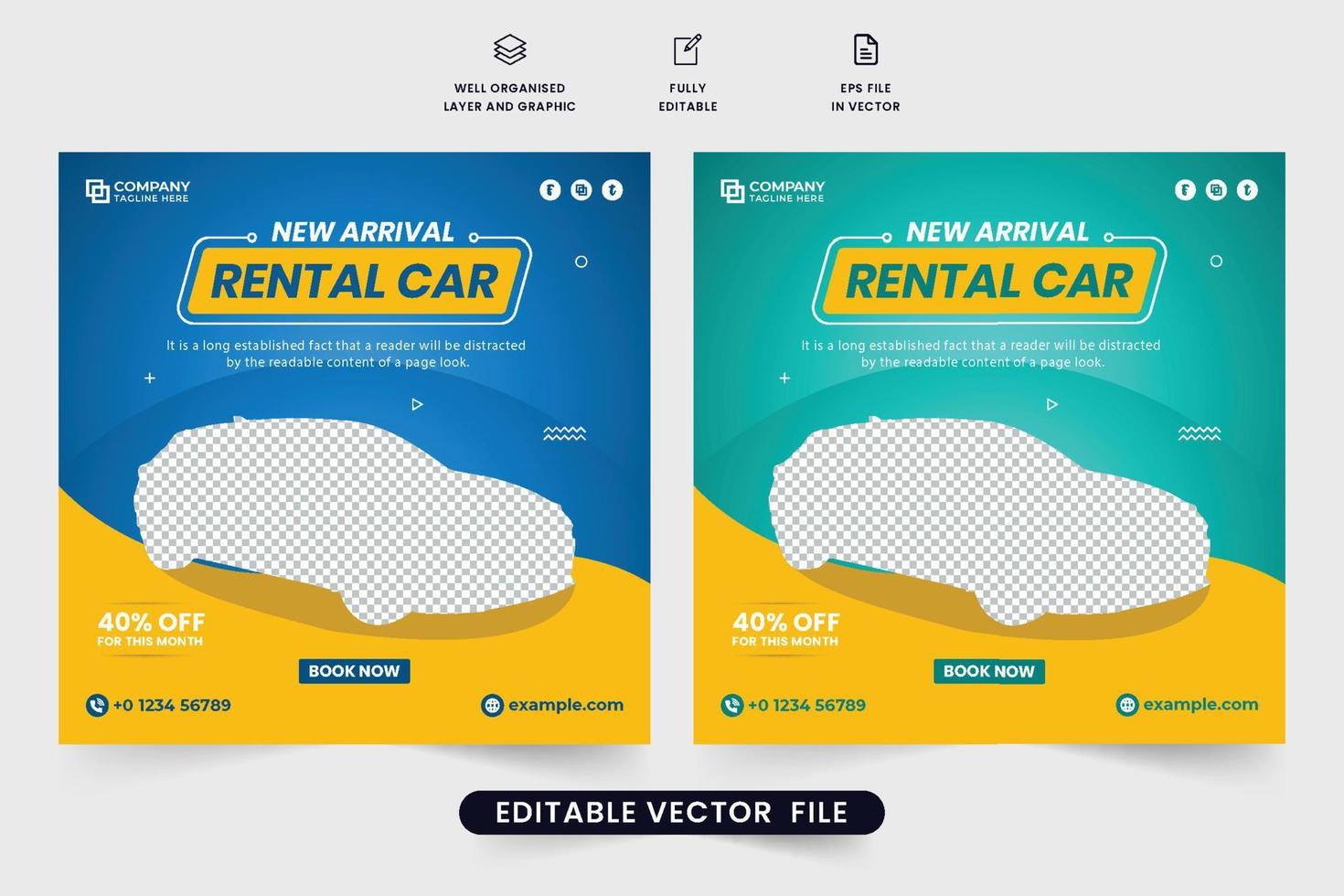 Car rental social media post vector with blue and yellow colors. Modern car rental web banner vector with creative shapes. Vehicle management and car rental business promotion template design.