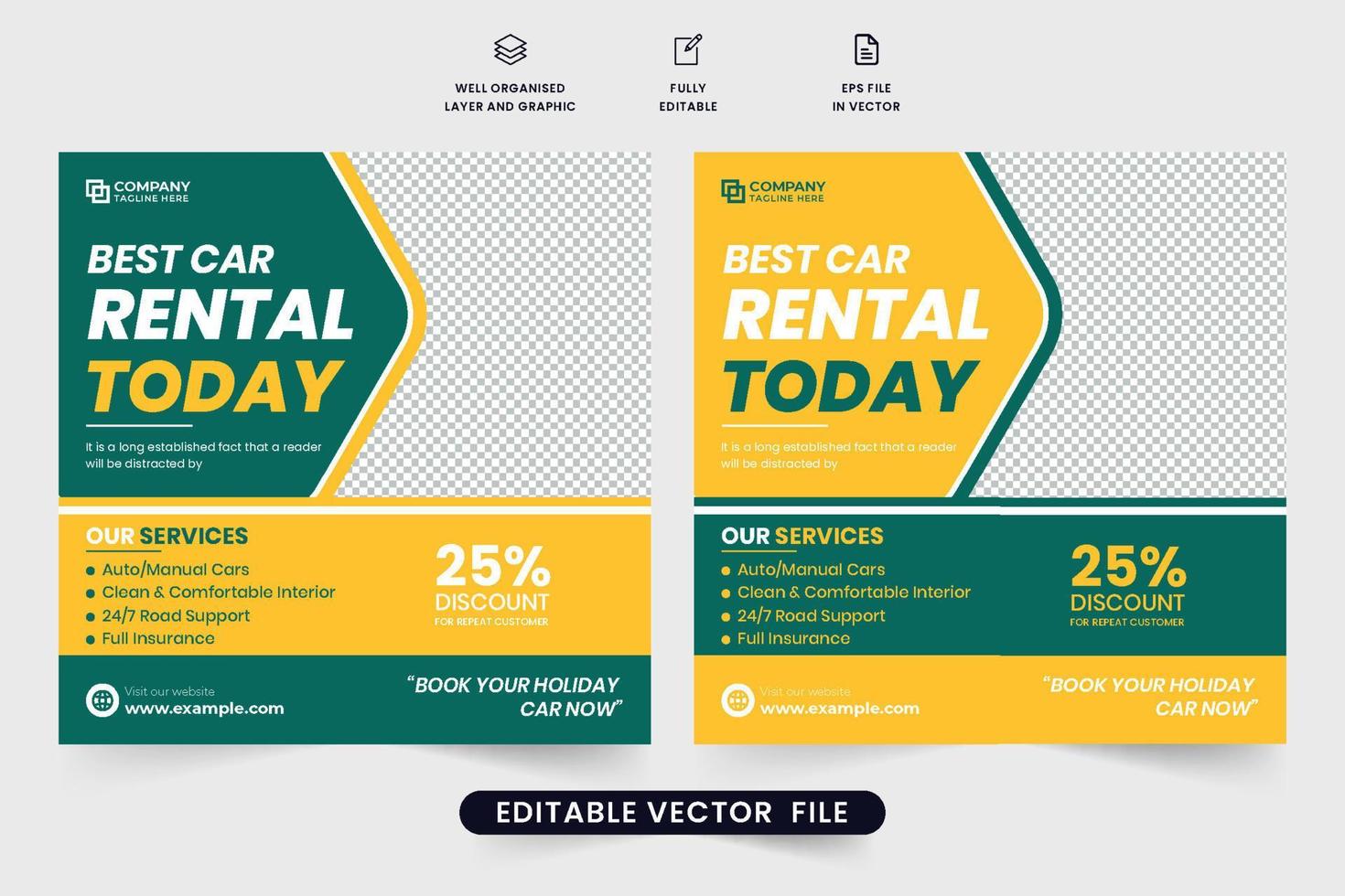 Car rental business promotion template with green and yellow colors. Vehicle rental social media post vector for digital marketing. Rent a car advertisement template design with discount offer section