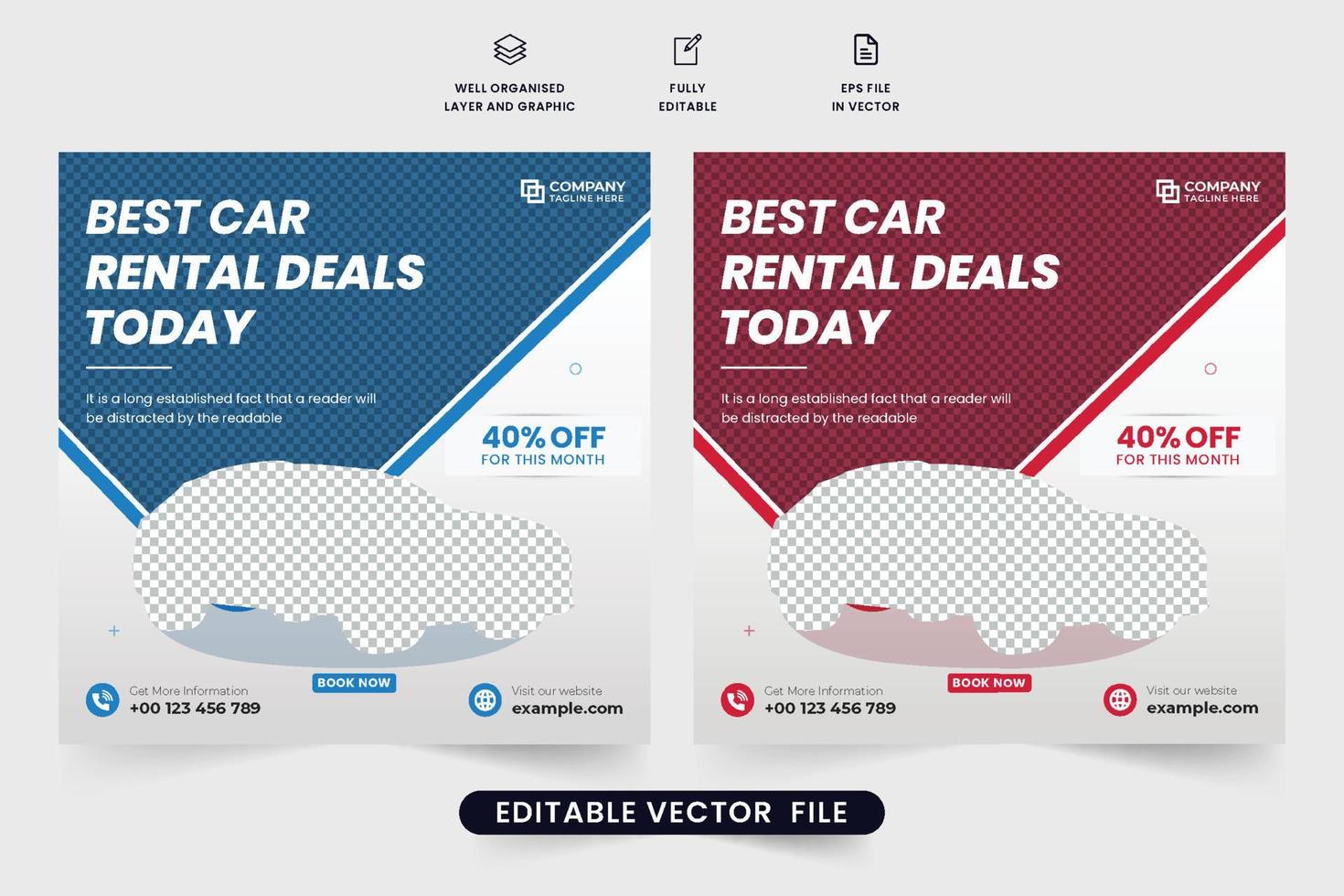Car rental web banner template with blue and maroon colors. Modern vehicle rental business promotional poster vector for online marketing. Car rental business social media post vector.