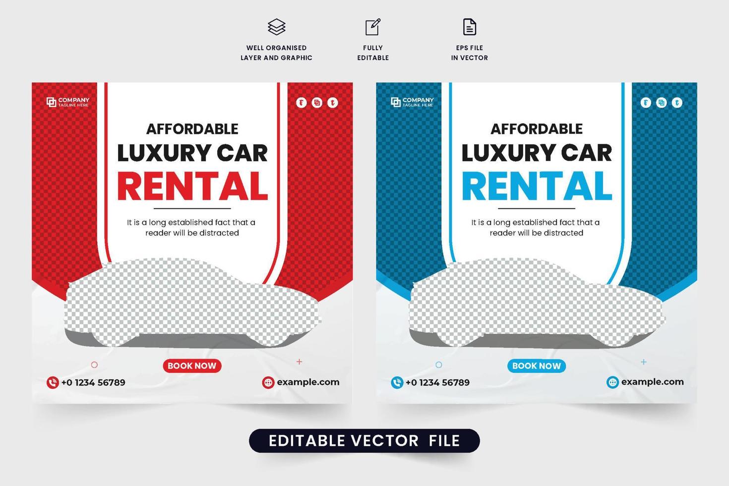 Modern car rental business template vector with red and blue colors. Vehicle management and rental business promotion template. Rent a car social media post vector with creative shapes.