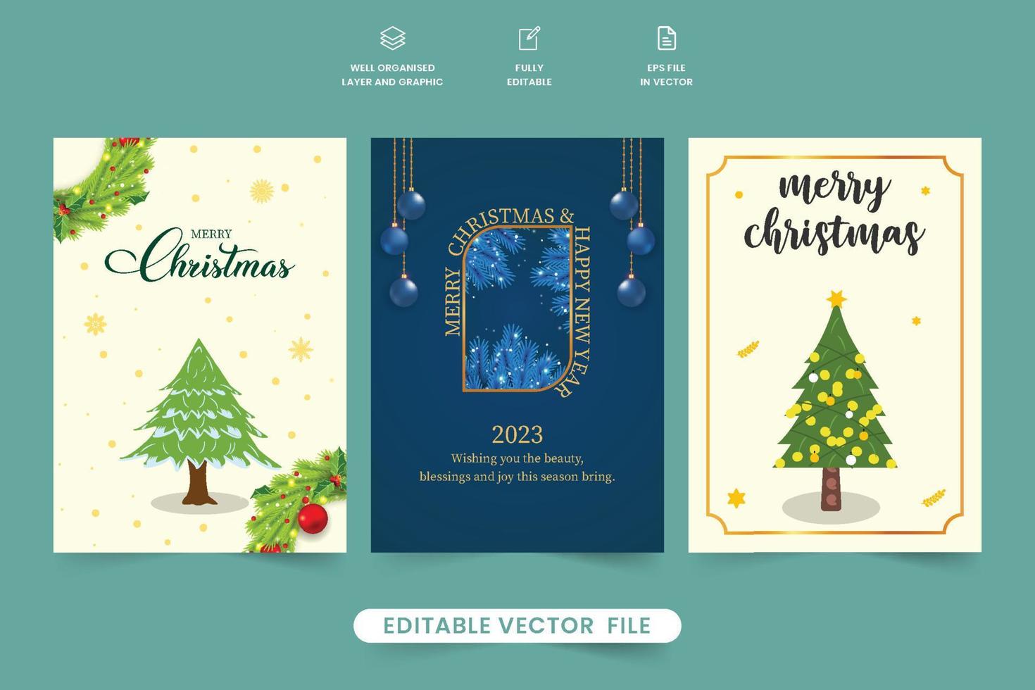 Creative Christmas gift card design with realistic wreath and wish calligraphy. Luxurious invitation card set vector with blue and off-white backgrounds. Modern greeting card design with calligraphy.