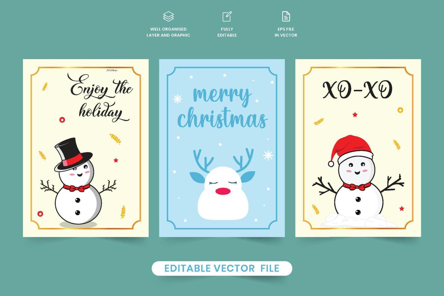 colección de tarjetas de regalo de feliz navidad con lindo muñeco de nieve y fondo de nieve cayendo. hermosa decoración de tarjetas de felicitación corporativas con fondos en blanco roto y azul. vector de tarjeta de regalo imprimible de Navidad.