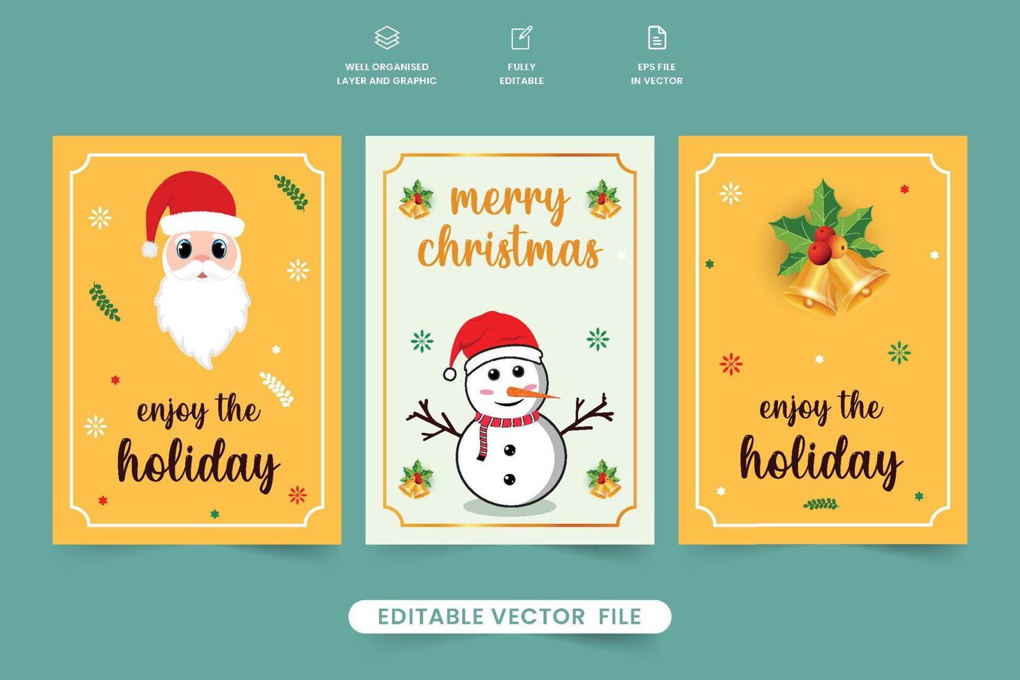 diseño de tarjeta de invitación de fiesta navideña con fondo amarillo y blanco. vector de plantilla de tarjeta de deseo de navidad corporativa y año nuevo. diseño de tarjeta de felicitación de feliz navidad con santa y muñeco de nieve.