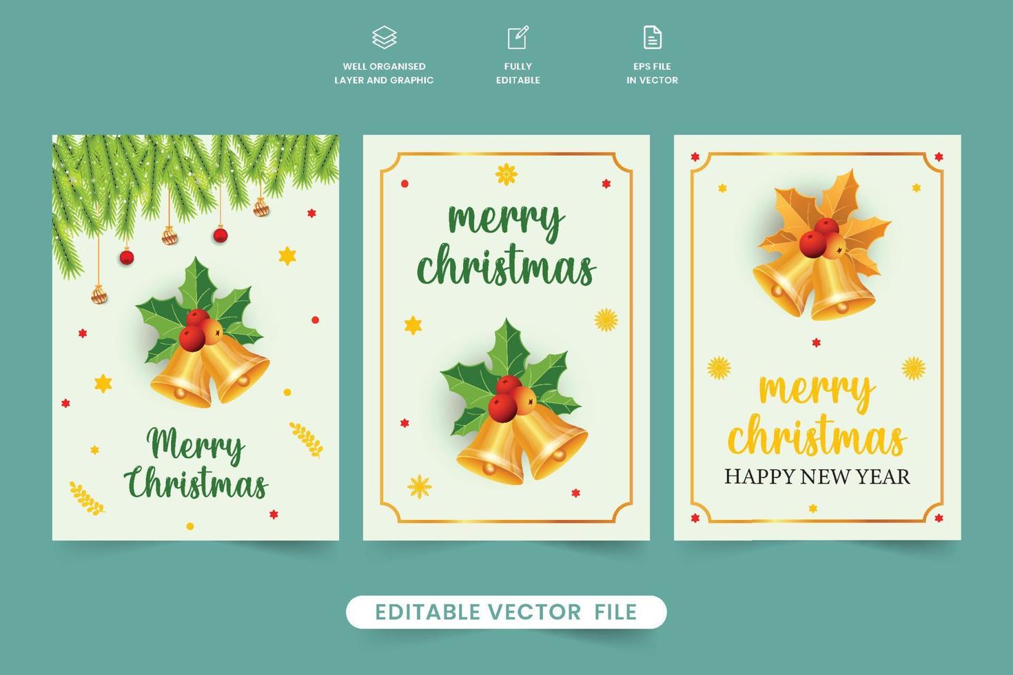 vector de tarjeta de felicitación de navidad imprimible con cascabeles y bayas rojas. plantilla de tarjeta de regalo de navidad y diseño de tarjeta de deseo de vacaciones con fondo blanco. vector de tarjeta de invitación de año nuevo y navidad.