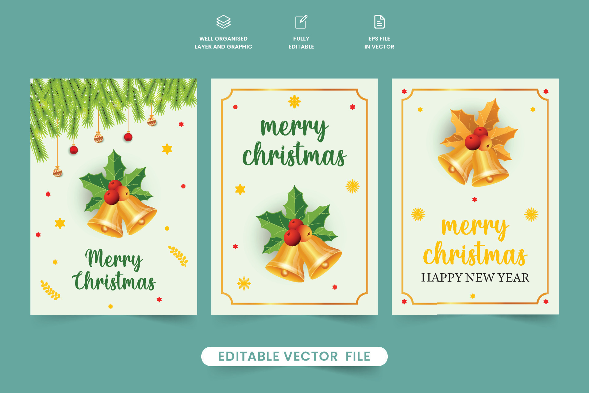 Printable Christmas Greeting Card Vector With Jingle Bells And Red 