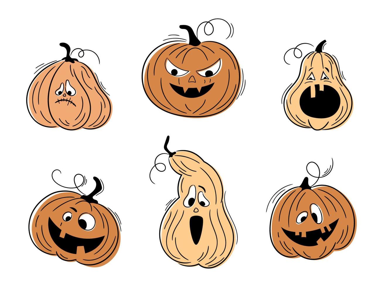 One line hand drawn Halloween emoticon pumpkins set. Jack o Lantern. Halloween in various shapes, funny faces isolated on white. Vector collection of cute pumpkins. Doodles for logo, poster, emblem