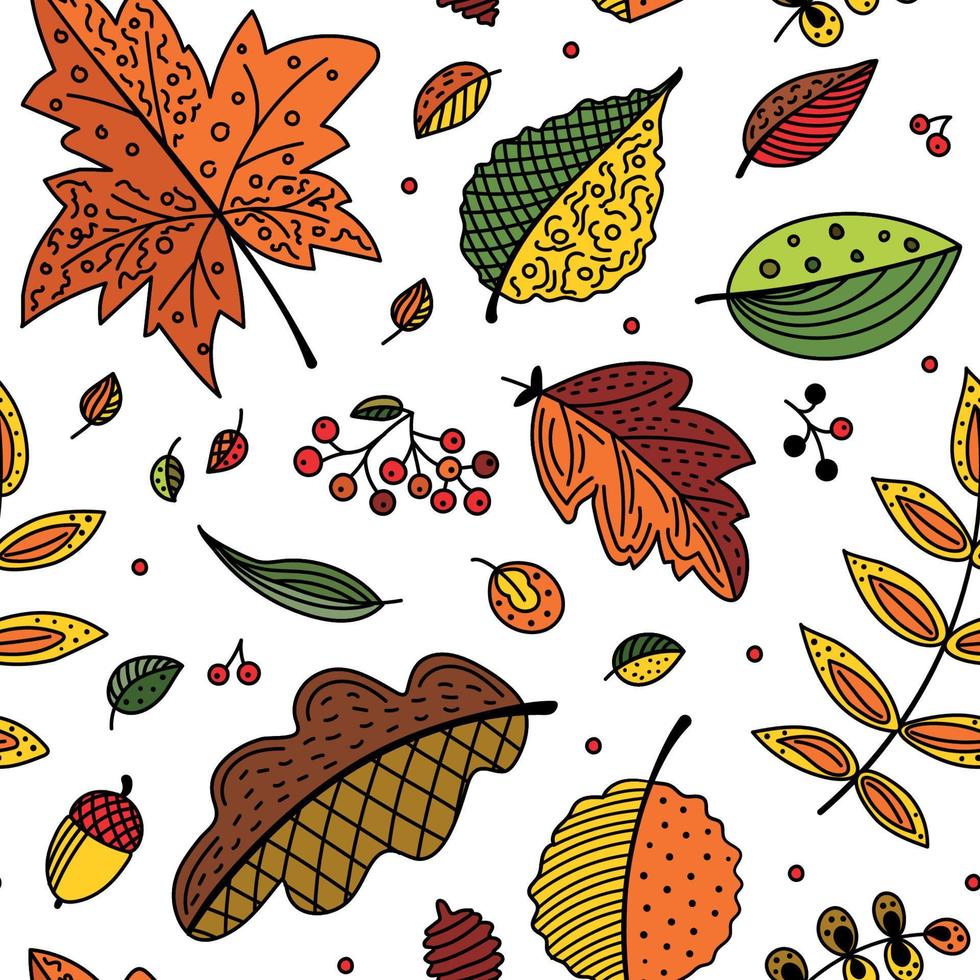 Seamless pattern with fall leaves and berries. Autumn floral background. Doodle style. For printing, fabric, textile, manufacturing, wallpapers. Foliage, fall, Indian Summer vector