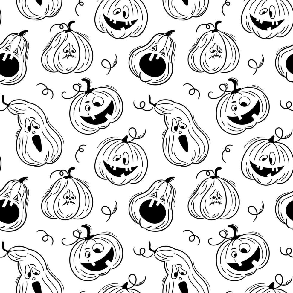 Seamless pattern with emotions halloween pumpkins on white background. Cute hand drawn pumpkins. Funny faces for scrapbook digital paper, textile print, page fill. Vector illustration