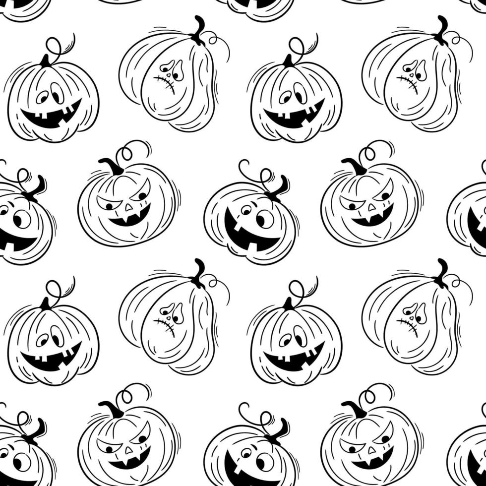 Seamless pattern with emotions halloween pumpkins on white background. Cute hand drawn pumpkins. Funny faces for scrapbook digital paper, textile print, page fill. Vector illustration