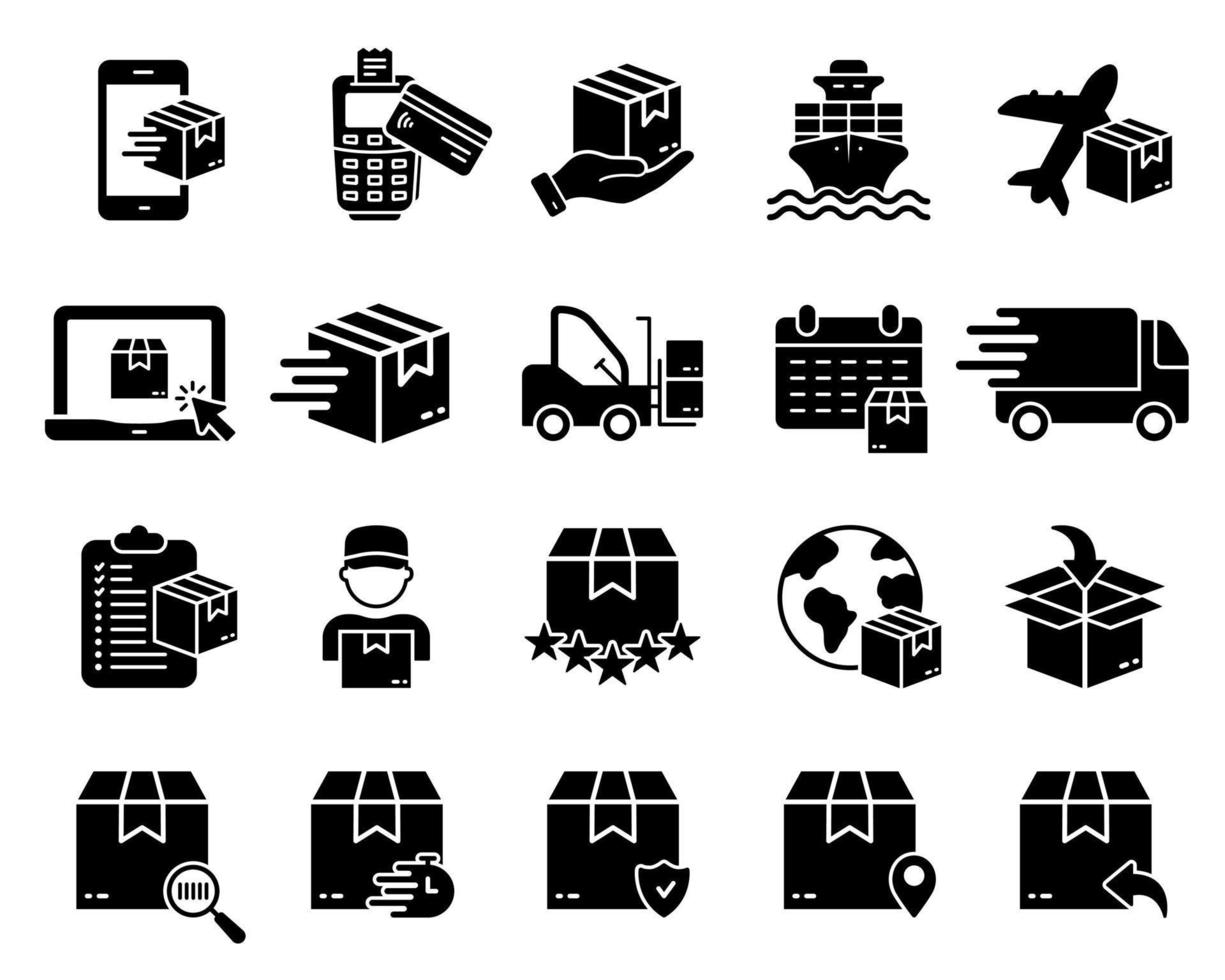 Order Package Cargo Shipment Silhouette Icon Set. Shipping Transportation Cardboard Parcel Box Glyph Pictogram. Fast Delivery Service by Air, Truck, Ship Post Icon. Isolated Vector Illustration.