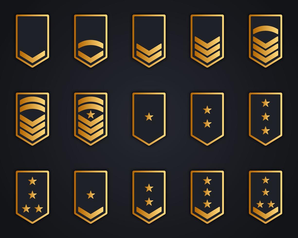 conjunto de iconos de soldado insignia militar. logotipo de oro de la insignia de rayas de chevron. sargento, general, mayor, oficial, teniente, parche coronel. rango del ejército dorado sobre fondo oscuro. ilustración vectorial aislada. vector