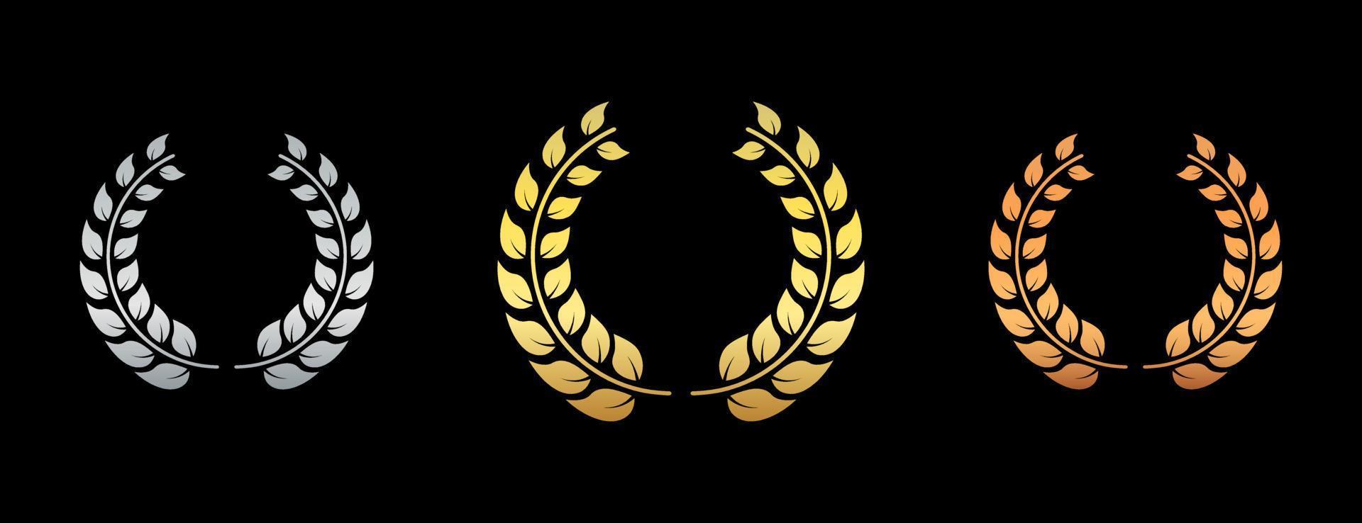 Chaplet Laurel Wreath Success Heraldry Silhouette Icon Set. Nominate Gold Bronze Silver Twig Leaf Olive Branch Reward Pictogram. Victory Achievement Emblem for Champion. Isolated Vector Illustration.