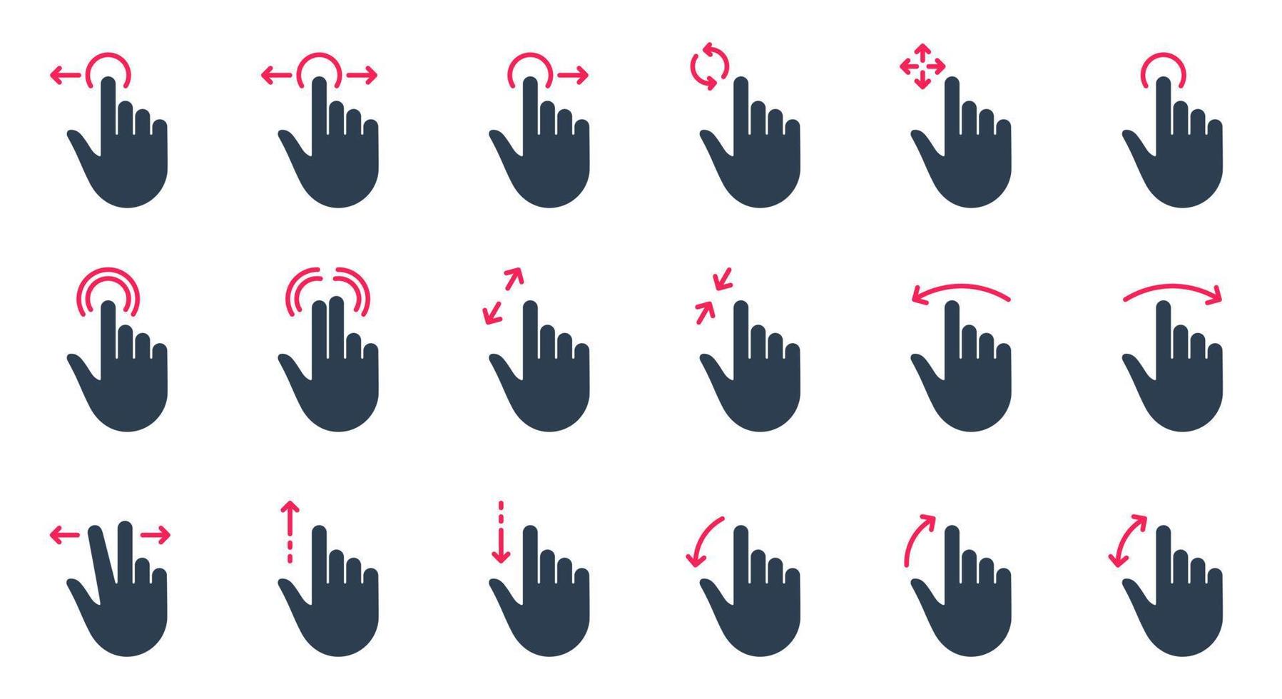 Hand Finger Touch, Swipe and Drag Silhouette Icon Set. Gesture Slide Left and Right Glyph Pictogram. Pinch Screen, Rotate Up on Tablet Computer Mobile Phone Icon. Isolated Vector Illustration.