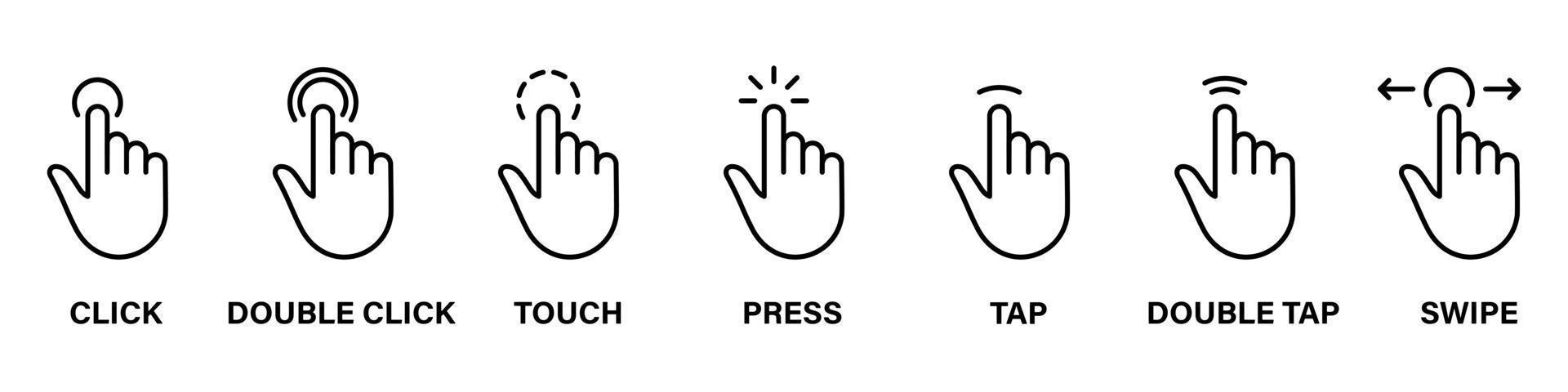 conjunto de iconos de línea de dedo de puntero de ratón de computadora. pictograma lineal de la mano del cursor. haga clic en presione doble toque toque el gesto de punto de deslizamiento símbolo de contorno negro. trazo editable. ilustración vectorial aislada. vector