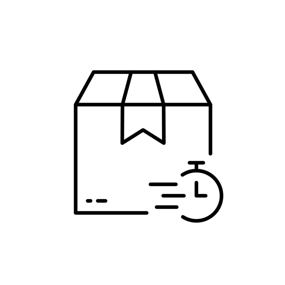 Time Delivery Line Icon. Parcel Box and Clock Fast Transportation Linear Pictogram. Timer Express Speed Shipment Outline Icon. Stopwatch and Package. Editable Stroke. Isolated Vector Illustration.