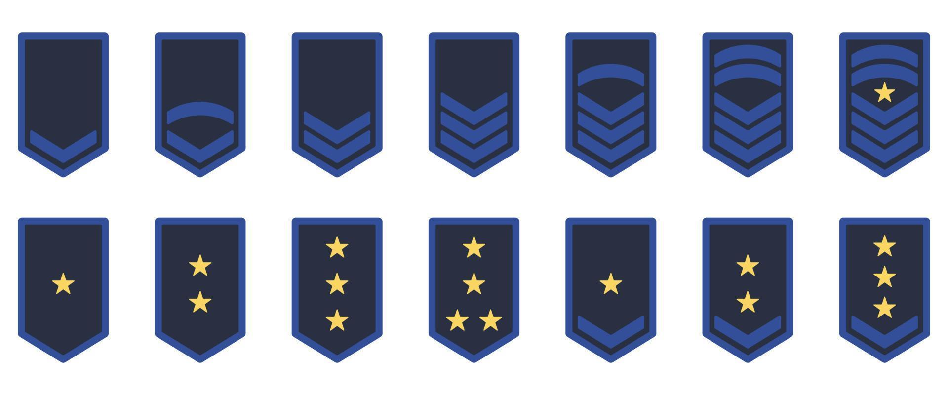 Army Rank Icon. Military Badge Insignia Green Symbol. Chevron Yellow Star and Stripes Logo. Soldier Sergeant, Major, Officer, General, Lieutenant, Colonel Emblem. Isolated Vector Illustration.