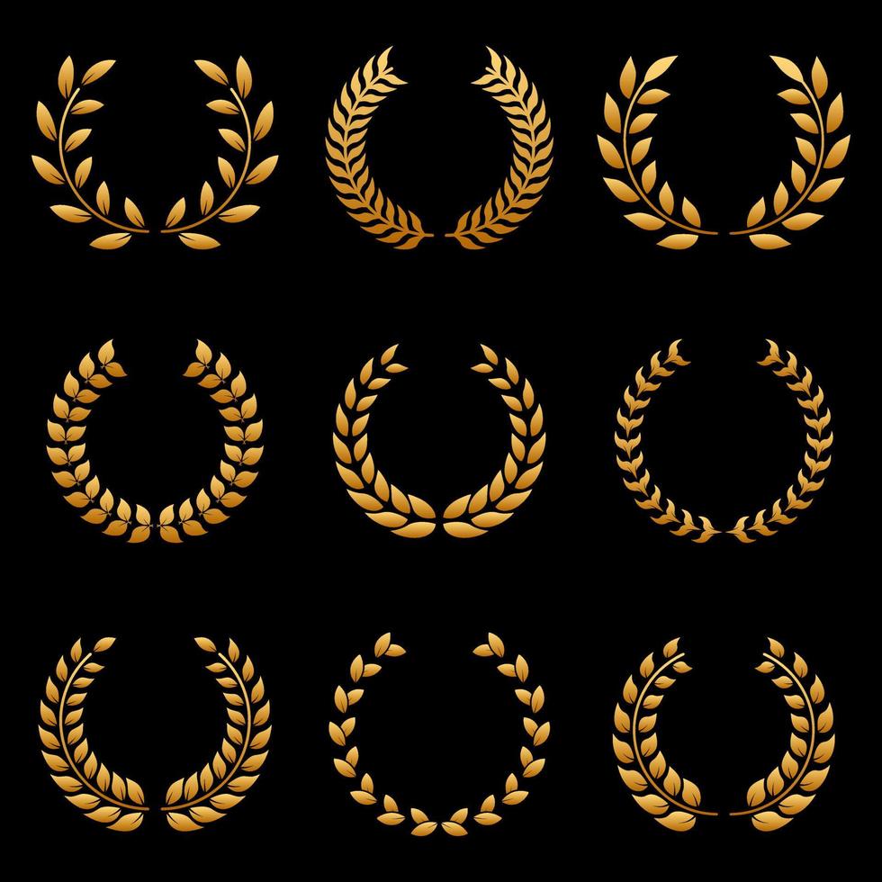 Golden Chaplet Nominate Winner Silhouette Icon Set. Circle Gold Laurel Wreath Success Pictogram. Twig Achievement Tree Branch Leaf Victory Reward Certified. Glory Crest. Isolated Vector Illustration.