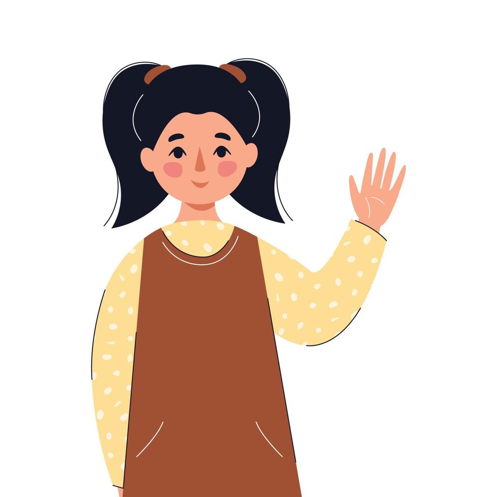 Child girl saying hi and waving with hand. Concept of online preschool education, communication, charity. Vector flat illustration.