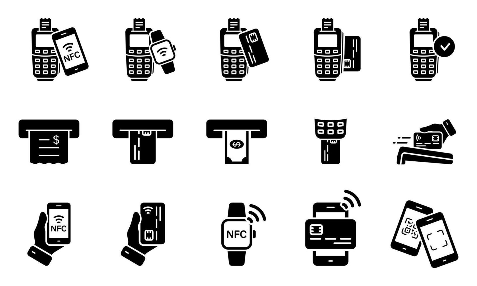 Pay Transaction by Mobile Phone, Smart Watch, Credit Card on POS Silhouette Icon Set. NFC Cashless Wireless Payment Technology Glyph Pictogram. ATM Money Withdraw Icon. Isolated Vector Illustration.