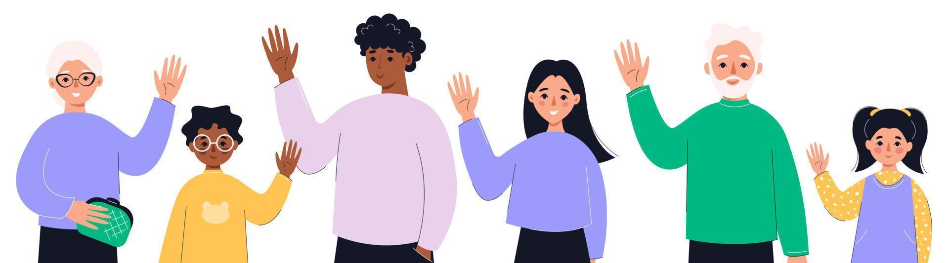 People saying hello and waving with hand. Concept of smb, society, communication, relationships. Vector flat illustration.
