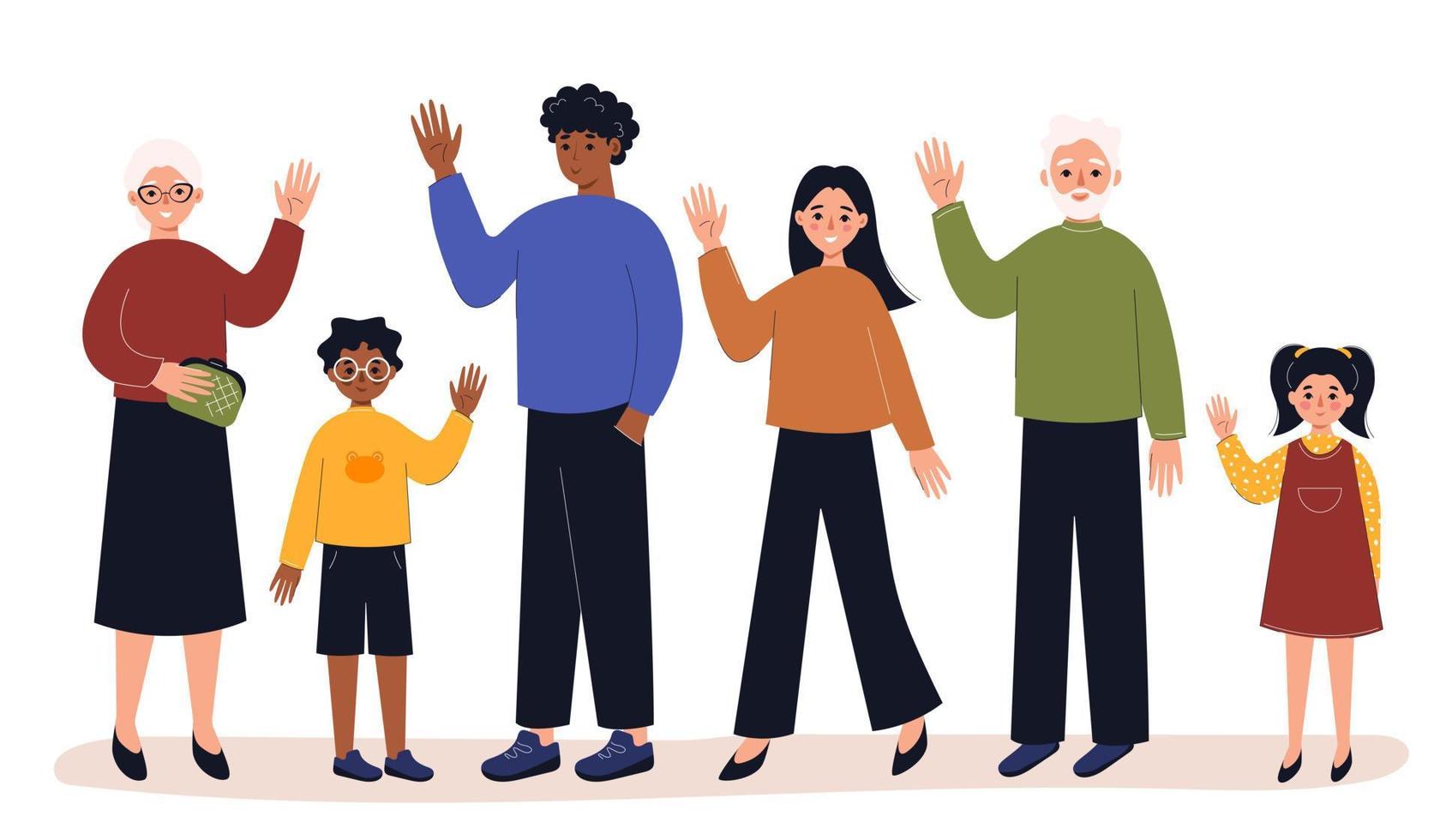 People in full growth of different ages saying hello and waving with hand. Concept of smb, society, communication, relationships. Vector flat illustration.