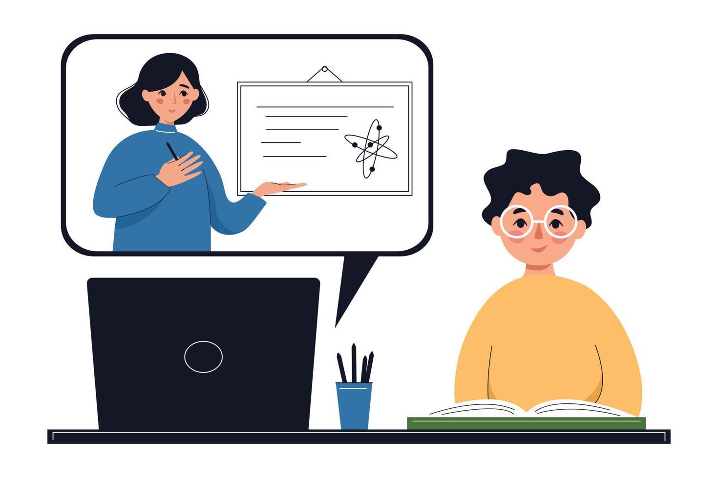 Schoolboy studying online with tutor, woman teacher. Online classes, back to school, courses, online education business concept. Vector illustration.