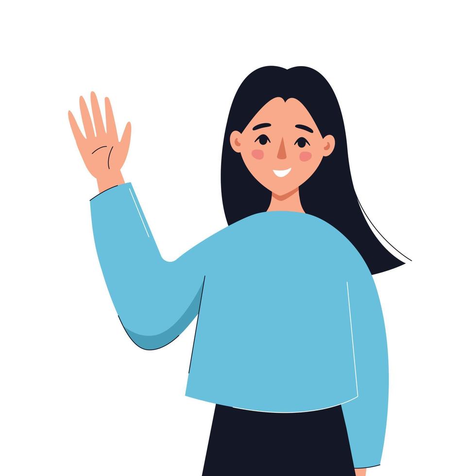 Welcoming woman. Girl waving her hand greeting. Vector flat illustration.