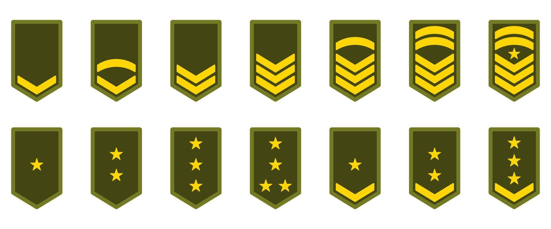 Military Badge Insignia Green Symbol. Army Rank Icon. Chevron Yellow Star and Stripes Logo. Soldier Sergeant, Major, Officer, General, Lieutenant, Colonel Emblem. Isolated Vector Illustration.