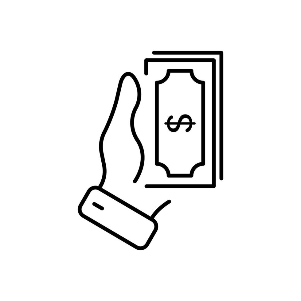 Hand Hold Dollar for Payment Line Icon. Give Money for Buy Linear Pictogram. Financial Charity Help Outline Icon. Earn Income Salary, Banknote Exchange. Editable Stroke. Isolated Vector Illustration.