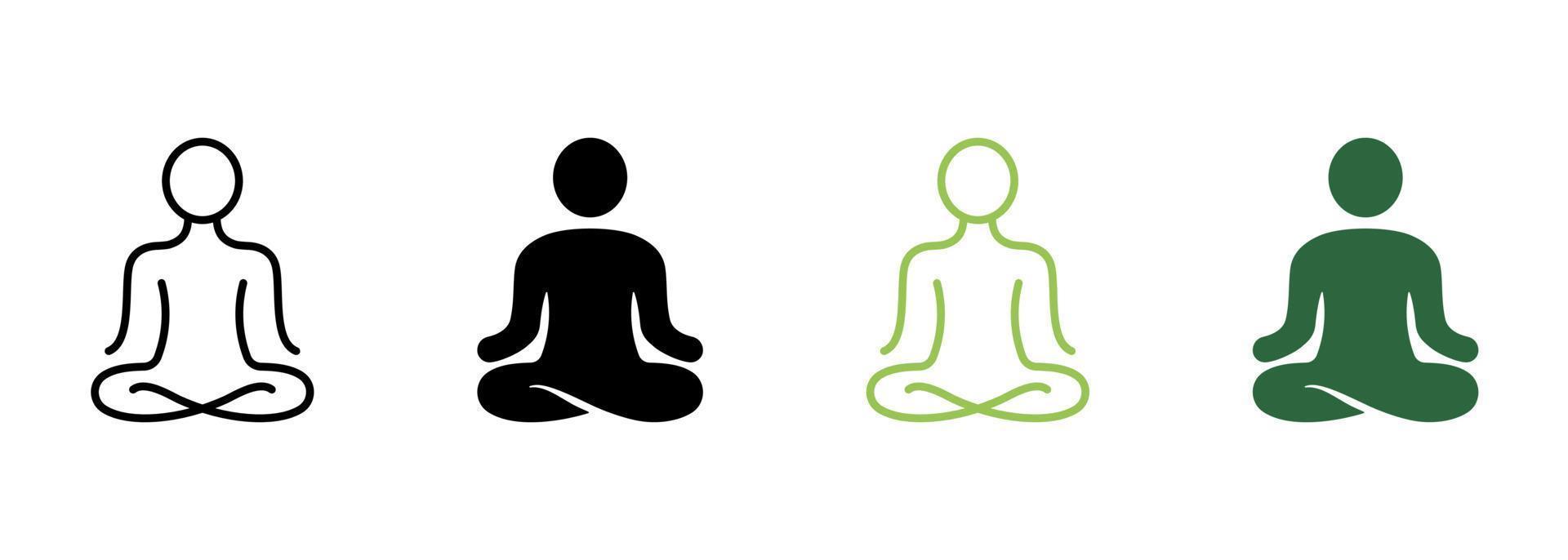 Yoga Position Silhouette and Line Icon. Meditate Relax Pictogram. Spiritual Chakra Zen Icon. Calm Aura Galaxy Serenity and Health Body. Meditation Logo. Editable Stroke. Isolated Vector Illustration.