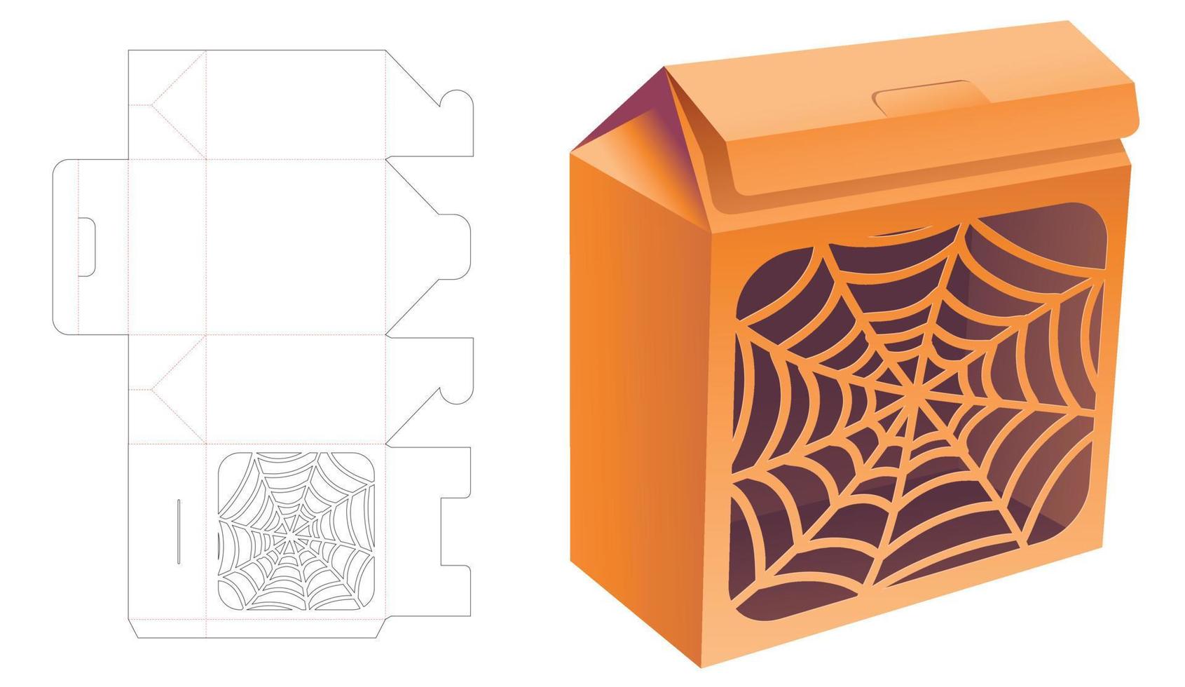 Cardboard flip box with stenciled Halloween window die cut template and 3D mockup vector