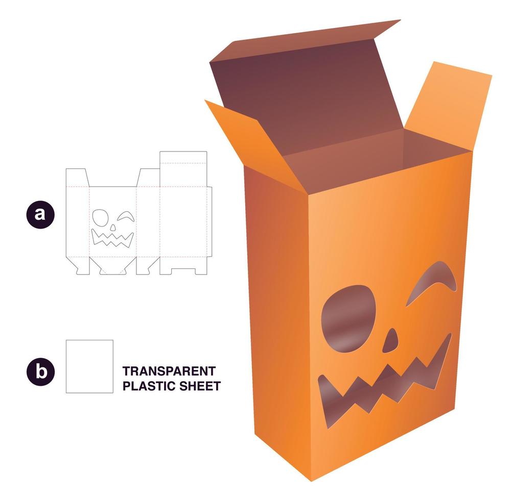 Cardboard box with Halloween window die cut template and 3D mockup vector