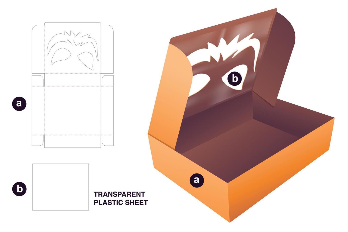cardboard folding box with stenciled Halloween window die cut template and 3D mockup vector