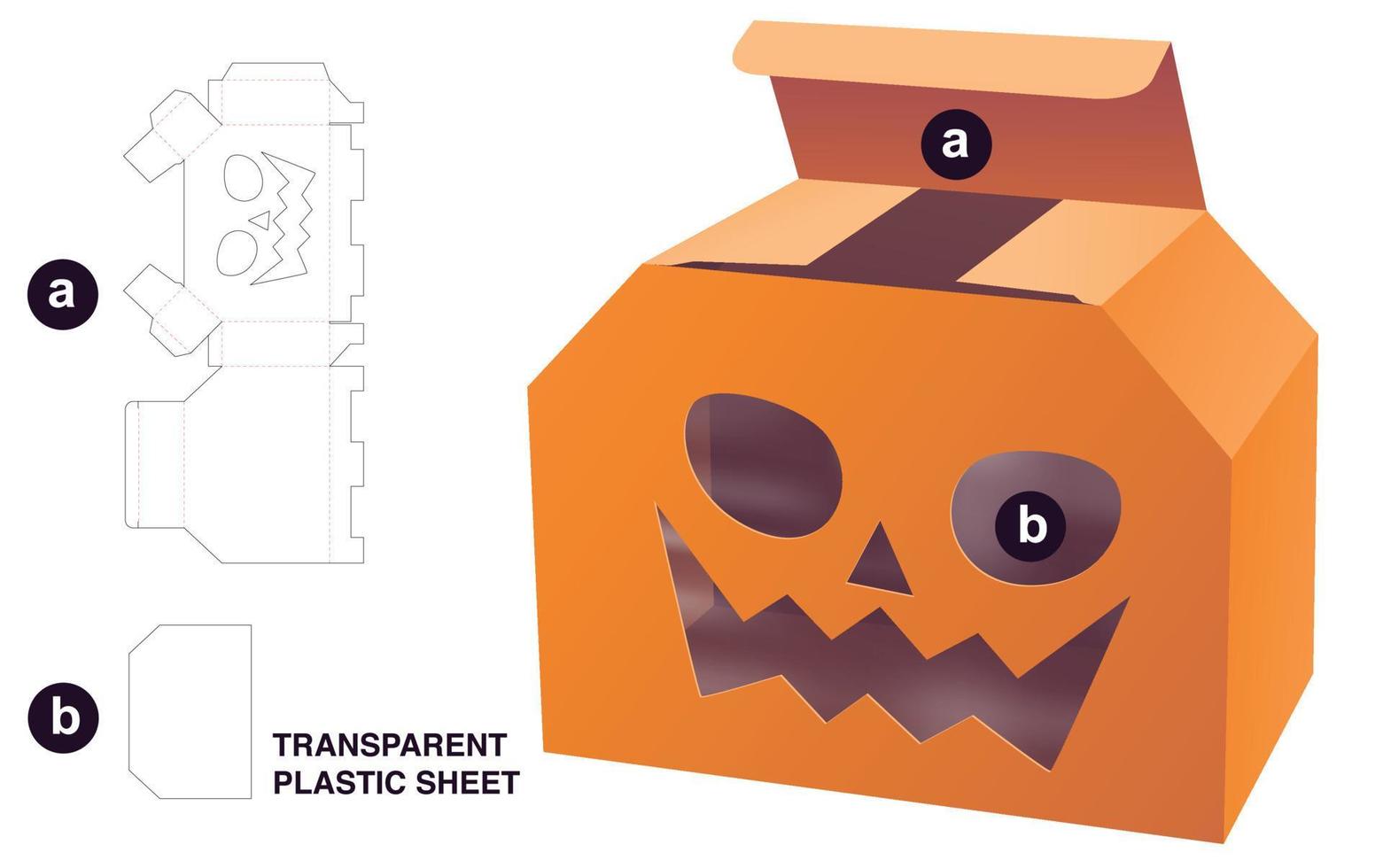 Cardboard chamfered box with stenciled Halloween window die cut template design and 3D mockup vector