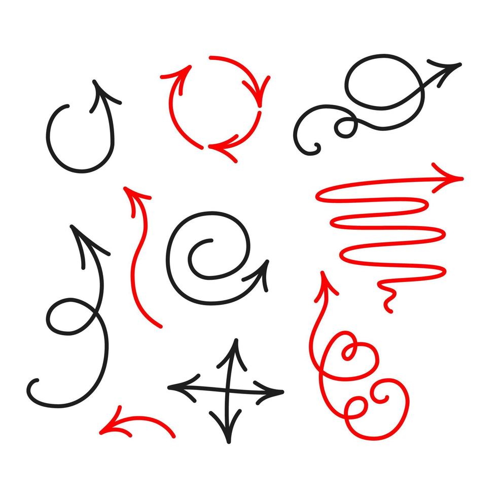ilustración de imágenes prediseñadas vectoriales dibujadas a mano. flecha de croquis en fondo blanco. colección de iconos de flecha en estilo de dibujos animados de garabatos. vector