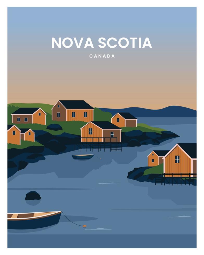 cityscape from the harbor in Nova Scotia landscape background. Travel to Nova Scotia Canada. cartoon vector illustration with minimalist style.