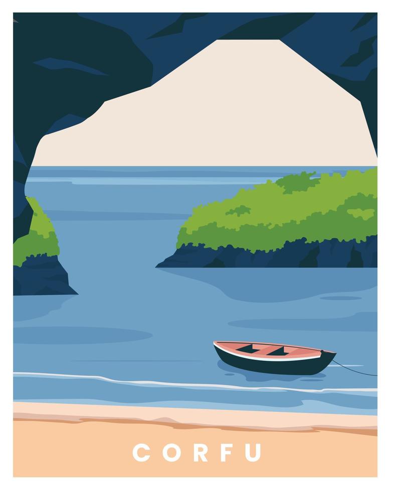 corfú grecia paisaje de fondo. ilustración vectorial de dibujos animados con estilo coloreado. vector