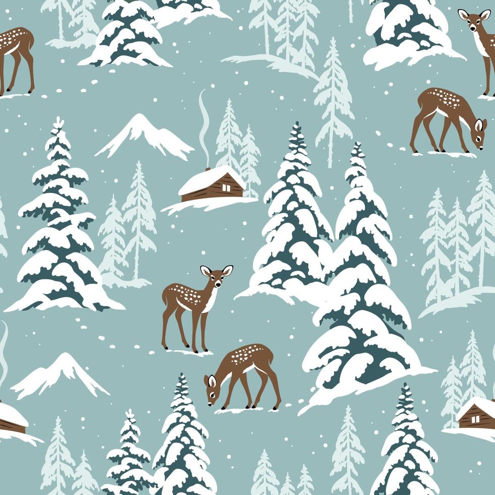 Snowy landscape seamless pattern with deer, chalet and snowy pine trees. Perfect for textile, wallpaper or print design. vector