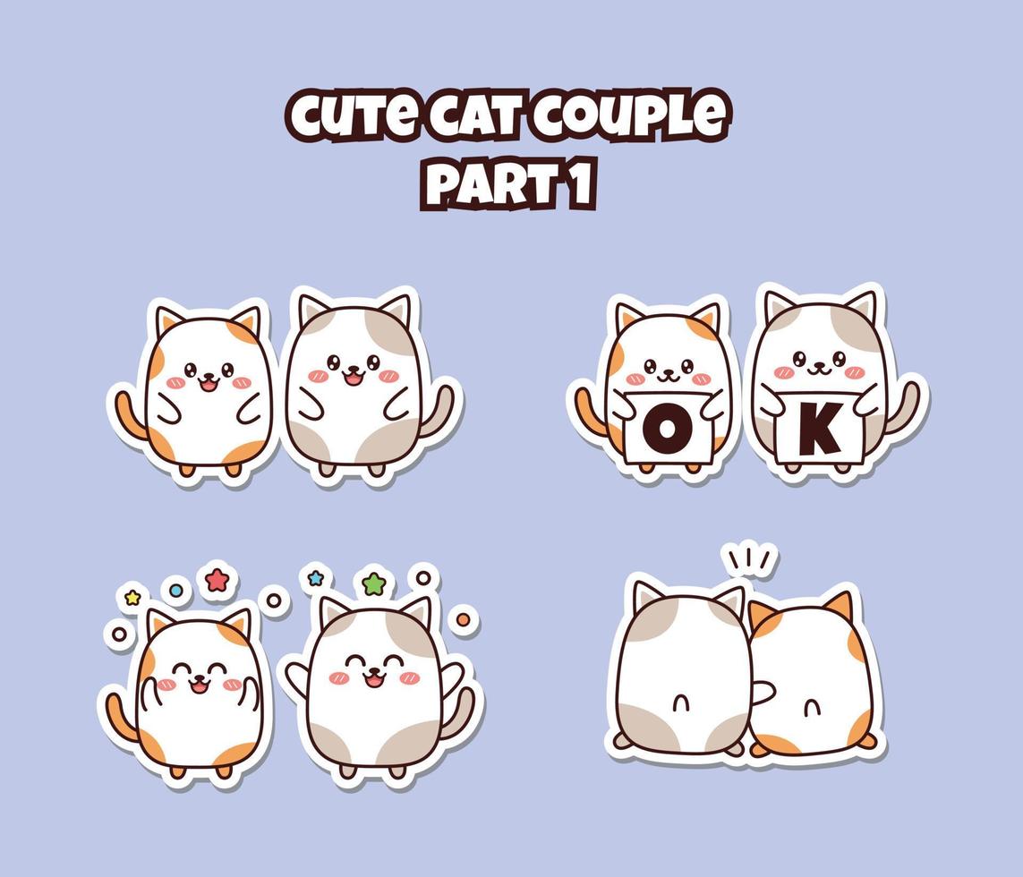 Set of cute kawaii couple little cat for social media sticker emoji expression say OK happy and hug emoticon vector