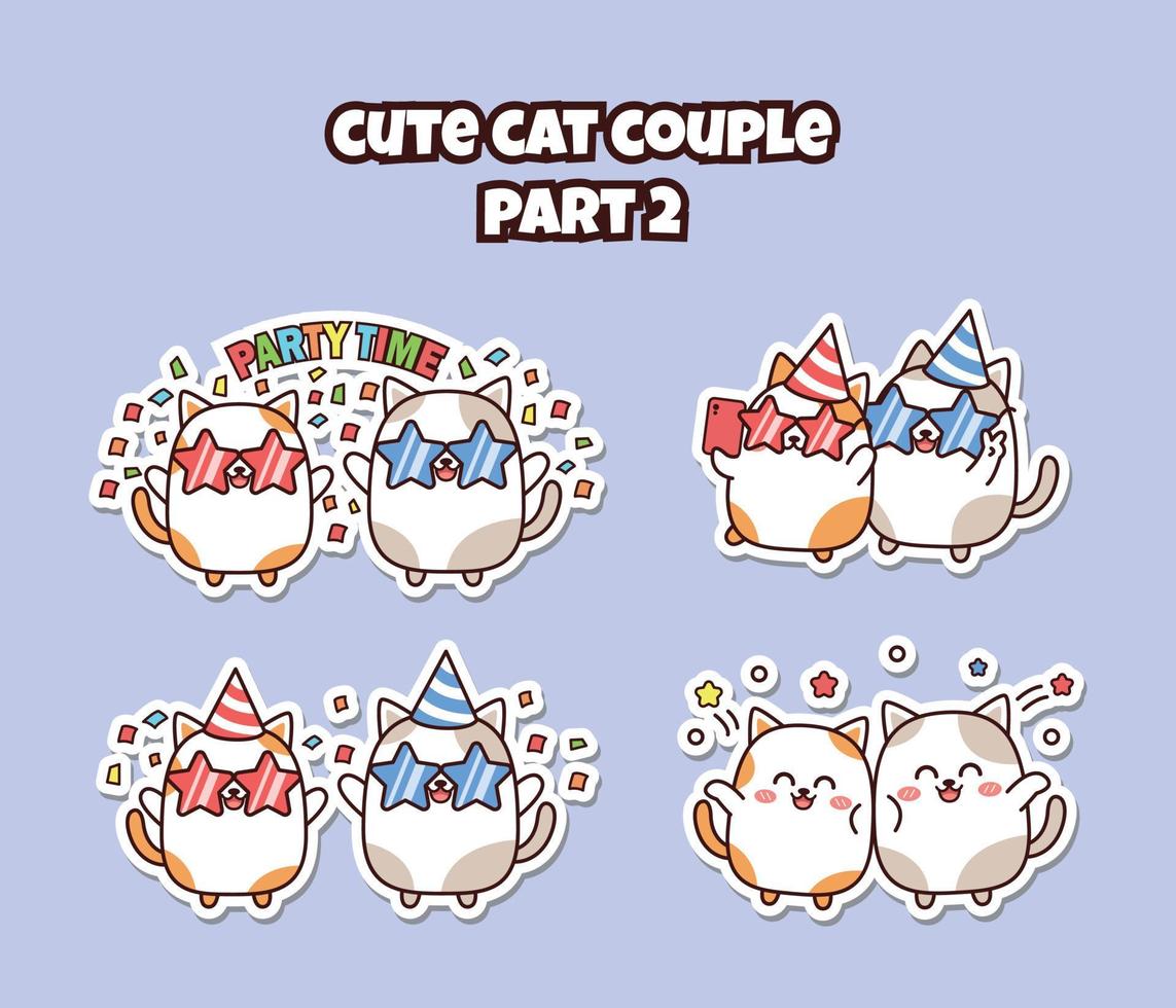 Set of cute kawaii couple little cat for social media sticker emoji party time and feel happy emoticon vector