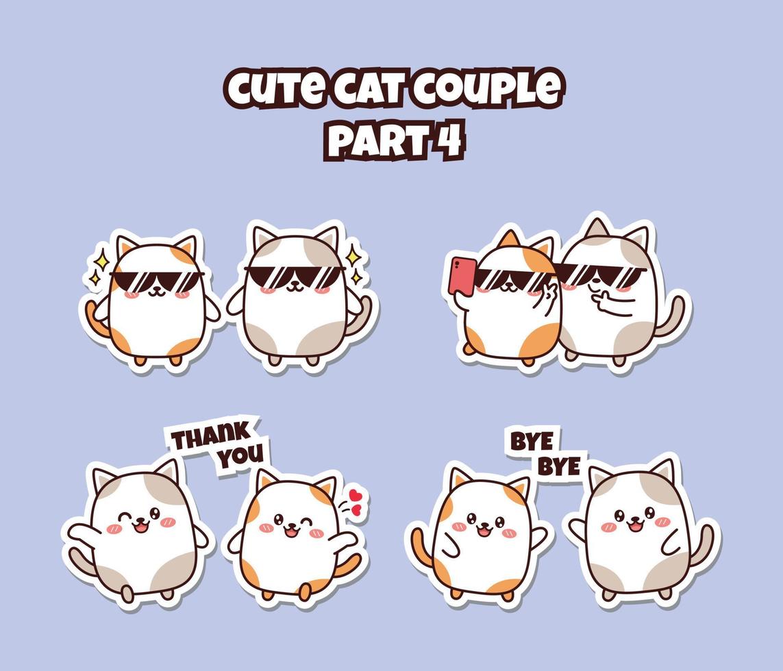 conjunto de linda pareja kawaii gatito para pegatina de redes sociales emoji con gafas de sol tomar una foto decir gracias y adiós emoticono vector