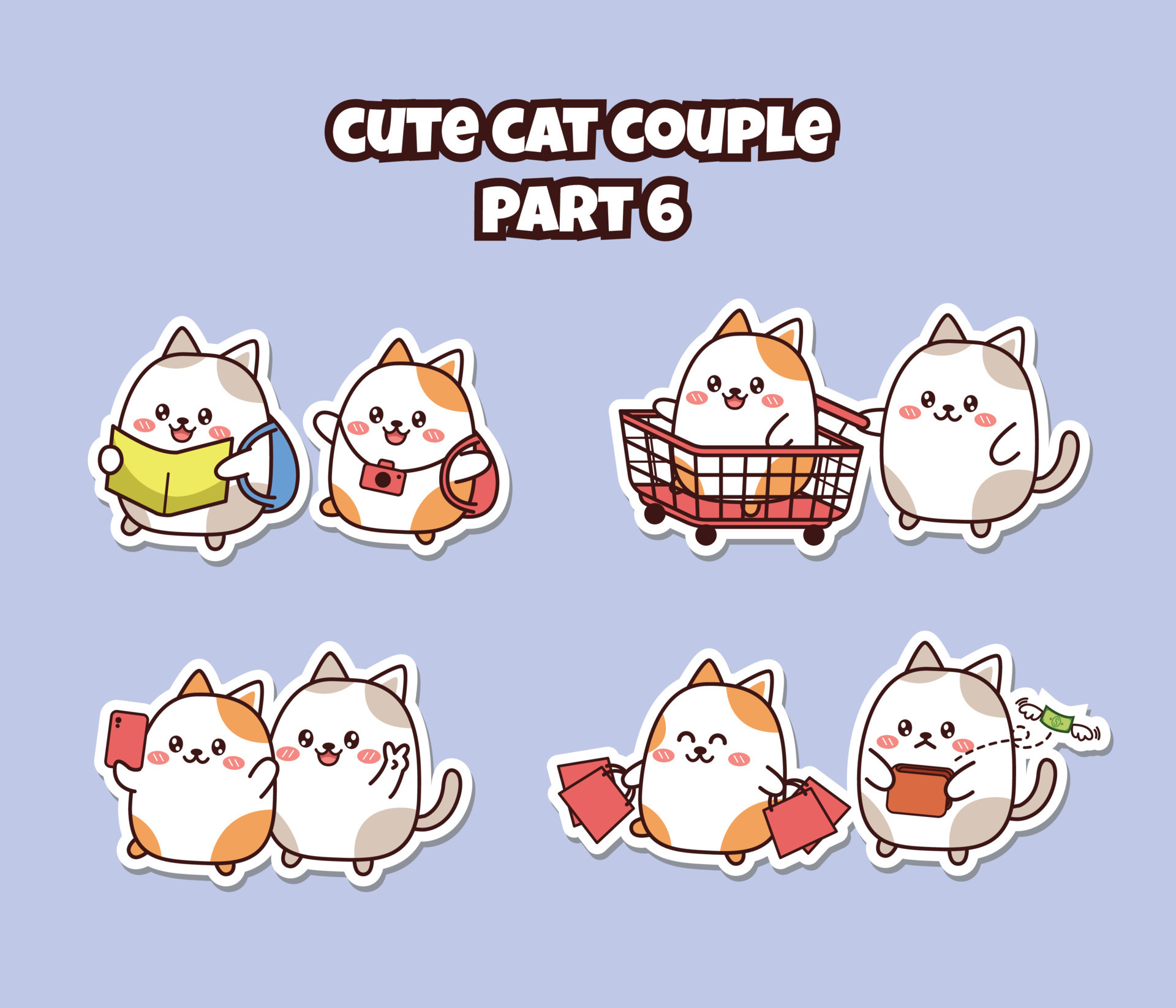 Set of cute kawaii couple little cat for social media sticker emoji