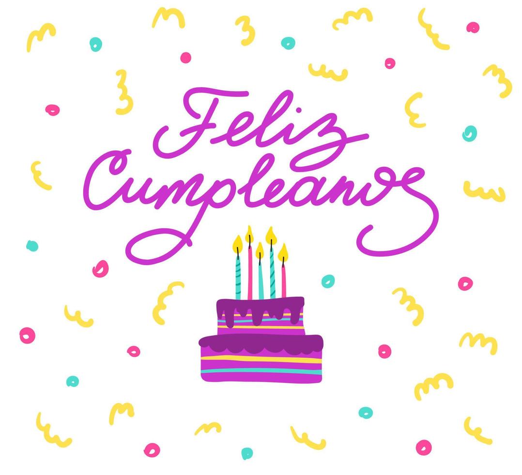 Feliz cumpleanos lettering on birthday with cake and cute curlicues vector