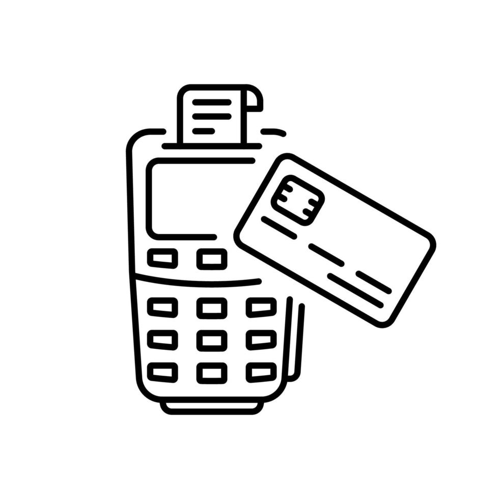 NFC Wireless Transaction Credit Card Icon. Cashless Pay on POS Pictogram. Tap Bank Card to Terminal for Pay Contactless Payment Technology Line Icon. Editable Stroke. Isolated Vector Illustration.